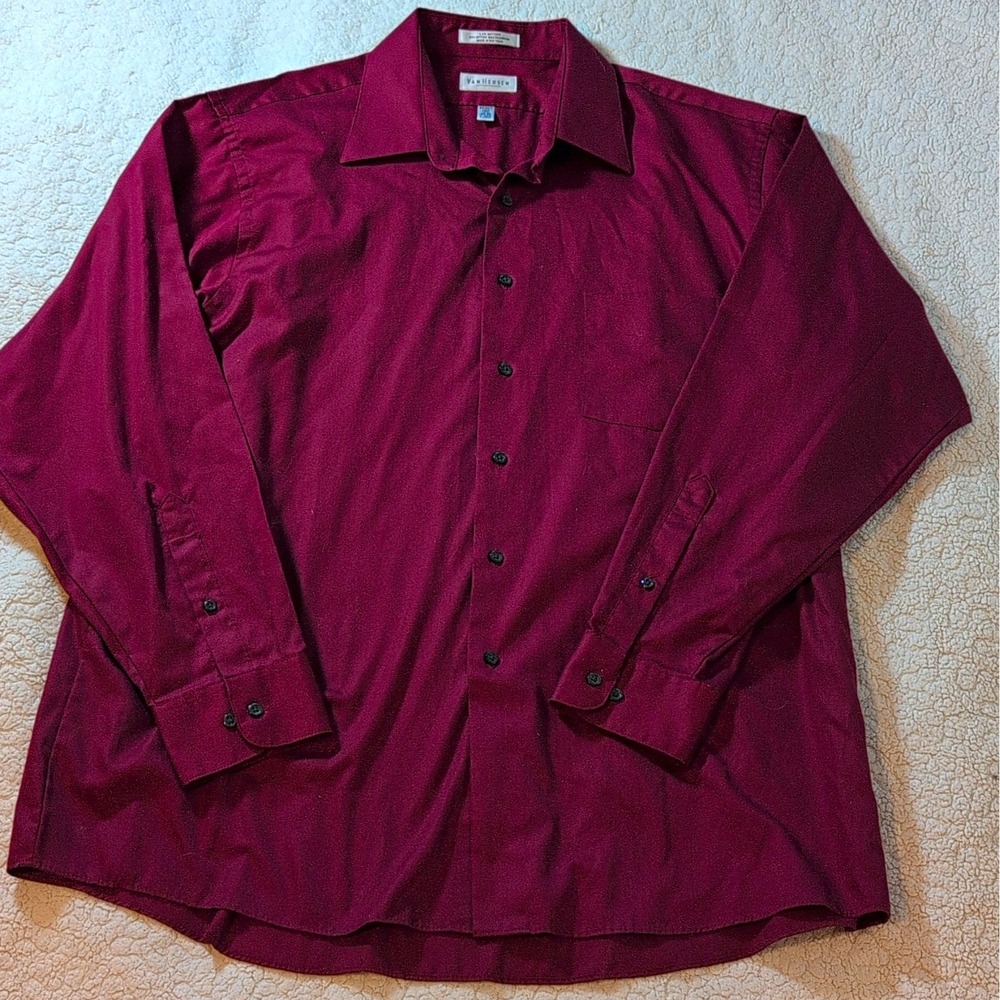 Van Heusen Men's Dress Shirt Burgundy Sateen Wrinkle Free XL  17.5 34/35
